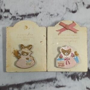 Vintage Berco Wooden Cute Teddy and Bunny Fridge Magnets Lot Flaw